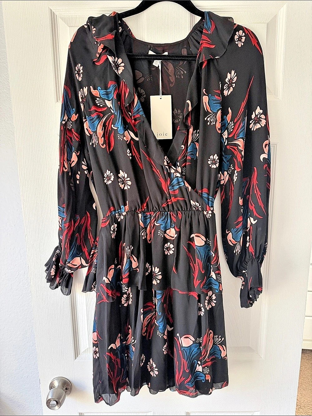 Joie Floral Long Sleeve Silk Mini Dress Midi Dress in Black & Red - Size Large